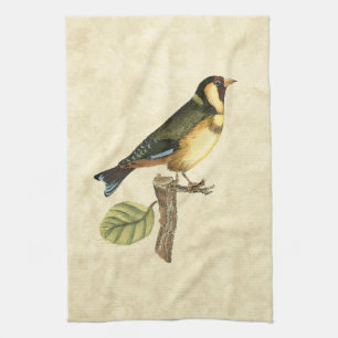 Yellow and Green Bird Perched on a Little Branch Tea Towel