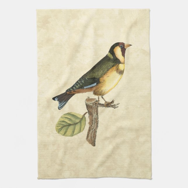 Yellow and Green Bird Perched on a Little Branch Tea Towel (Vertical)