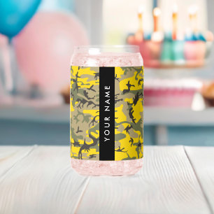 Yellow and Green Camouflage Your name Personalise Can Glass