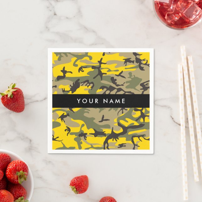 Yellow and Green Camouflage Your name Personalise Napkin (Insitu)