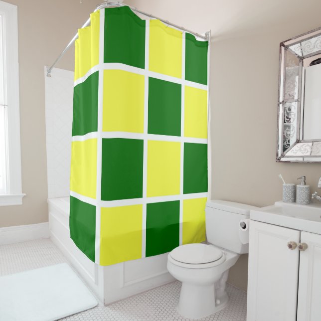 Yellow and Green Checkers Shower Curtain (In Situ)