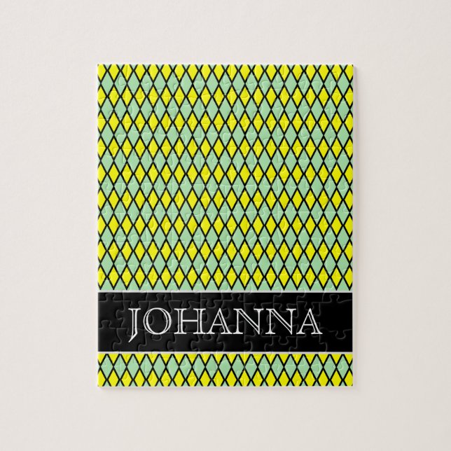 Yellow and Green Diamond Shape Pattern + Name Jigsaw Puzzle (Vertical)