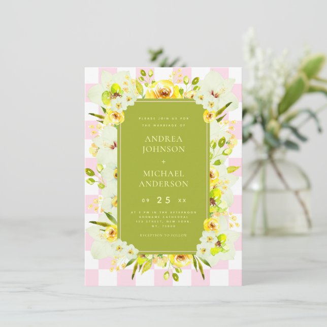 Yellow and Green Floral Checkered Wedding Invite (Standing Front)