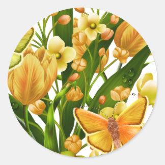 Yellow and Green Floral Sticker with Butterfly