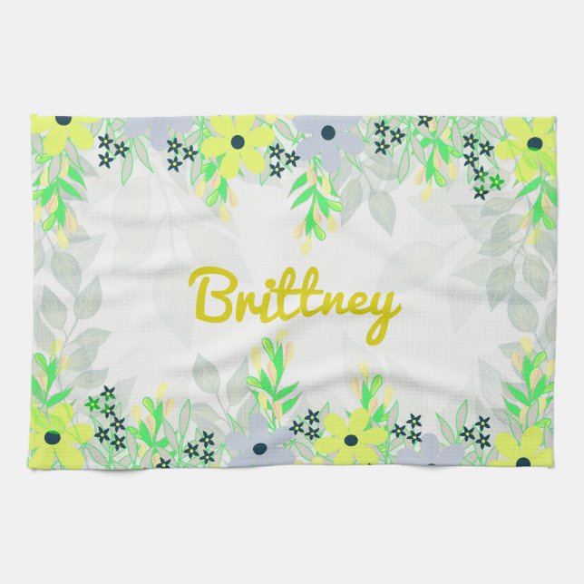 Yellow and Green Flower Print Tea Towel (Horizontal)