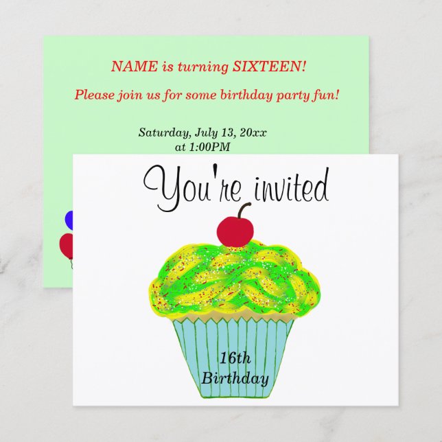 Yellow and Green Frosting Vanilla Cherry Cupcake Invitation (Front/Back)