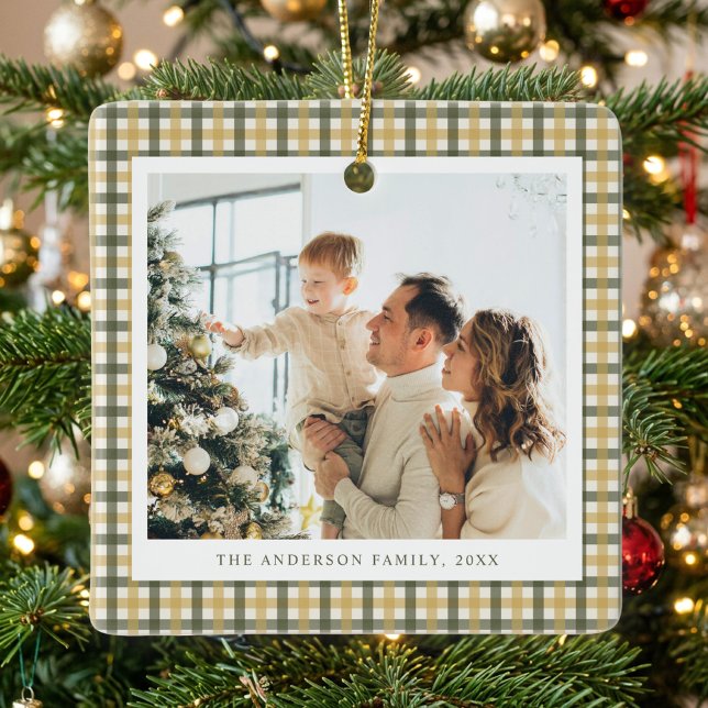 Yellow and Green Gingham Photo Ceramic Ornament (Creator Uploaded)