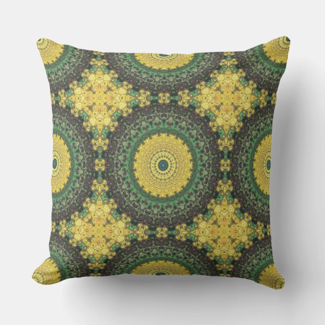 Yellow and Green Kaleidoscope Mandala Pattern Cushion (Front)