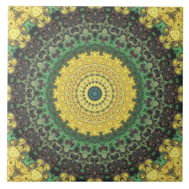 Yellow and Green Kaleidoscope Mandala Pattern Tile (Front)