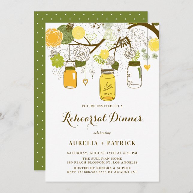 Yellow and Green Mason Jars Rehearsal Dinner Invitation (Front/Back)