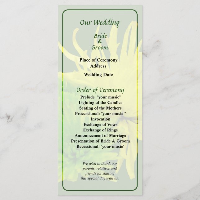 Yellow and Green Mums Wedding Program Programme (Front)