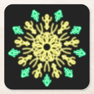 Yellow and green neon flower square paper coaster