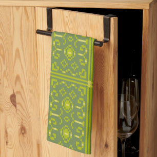 Yellow and green pixels play geometric shapes tea towel