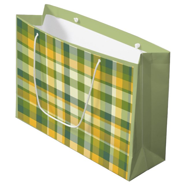 Yellow and Green Plaid Pattern Background Large Gift Bag (Front Angled)