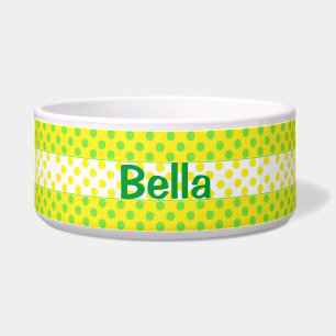 Yellow and Green Polka Dot Custom Ceramic Dog Bowl