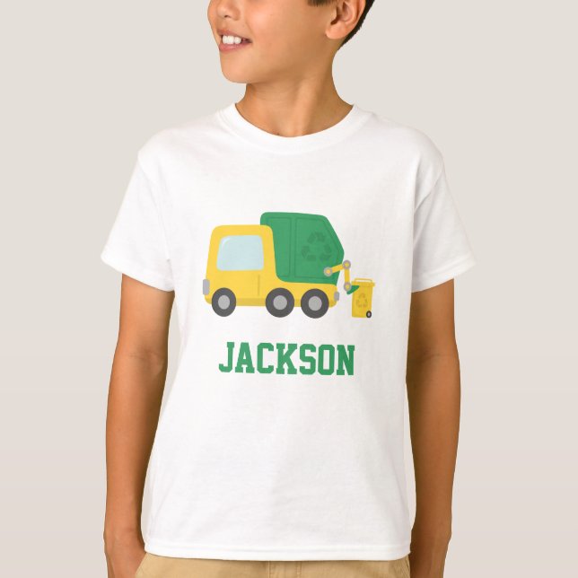 Yellow and Green Recycling Garbage Truck Kids T-Shirt (Front)