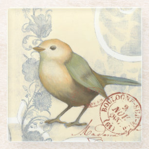 Yellow and Green Sparrow on Vintage Background Glass Coaster