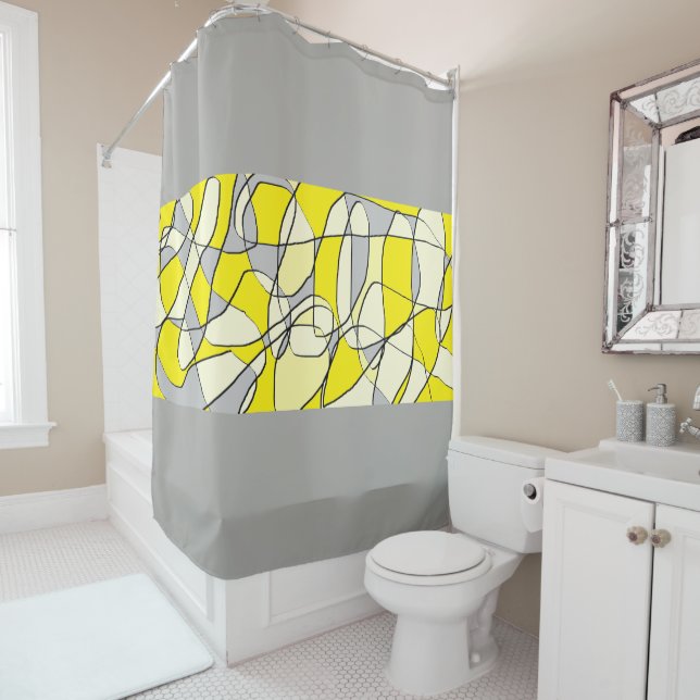 Yellow and Grey Abstract Modern Shower Curtain (In Situ)