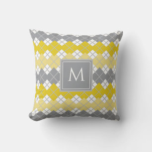 Yellow and Grey Argyle Pattern Monogram Cushion