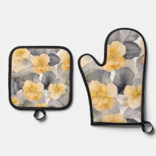 Yellow And Grey Begonia Flowers Oven Mitt & Pot Holder Set