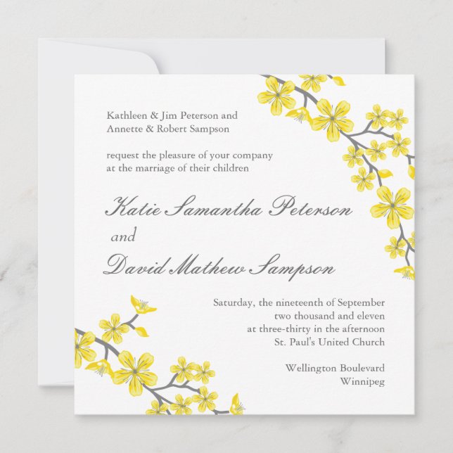Yellow and Grey Blossoms Wedding Invitation (Front)