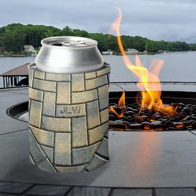 Yellow and Grey Brick Pattern with Initials Can Cooler (Creator Uploaded)