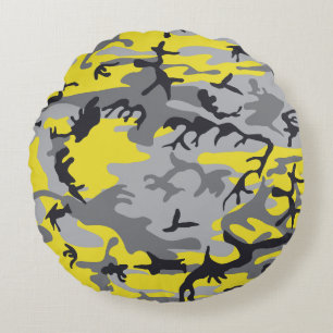 Yellow and Grey Camouflage, Military, Army Round Cushion
