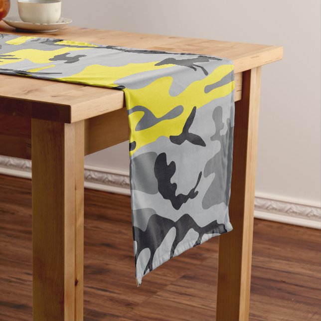 Yellow and Grey Camouflage, Military, Army Short Table Runner (In Situ)