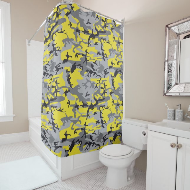 Yellow and Grey Camouflage, Military, Army Shower Curtain (In Situ)