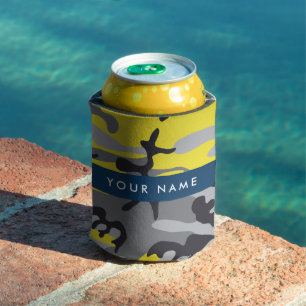 Yellow and Grey Camouflage Your name Personalise Can Cooler