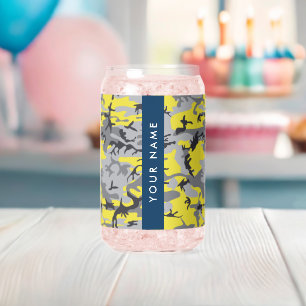 Yellow and Grey Camouflage Your name Personalise Can Glass