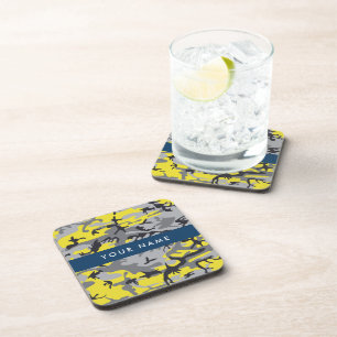 Yellow and Grey Camouflage Your name Personalise Coaster