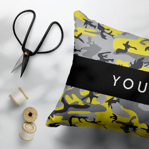 Yellow and Grey Camouflage Your name Personalise Decorative Cushion
