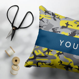 Yellow and Grey Camouflage Your name Personalise Decorative Cushion