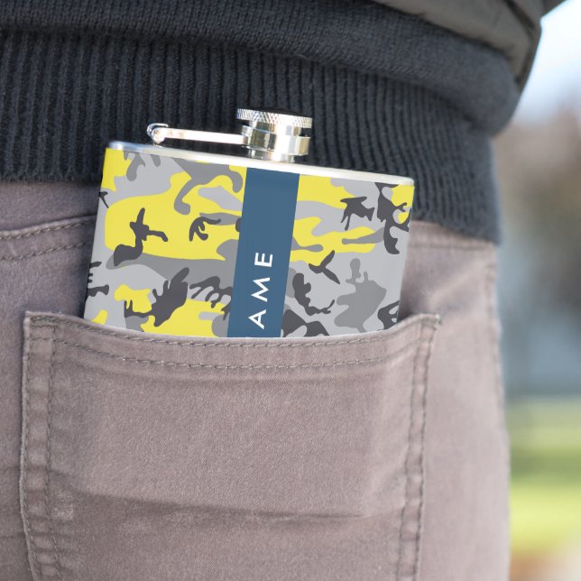 Yellow and Grey Camouflage Your name Personalise Hip Flask (In Situ)