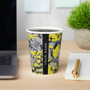 Yellow and Grey Camouflage Your name Personalise Paper Cups