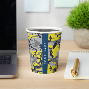Yellow and Grey Camouflage Your name Personalise Paper Cups