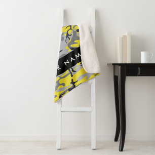 Yellow and Grey Camouflage Your name Personalise Sherpa Blanket