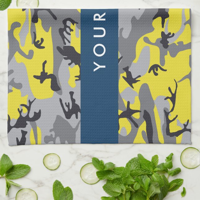 Yellow and Grey Camouflage Your name Personalise Tea Towel (Folded)