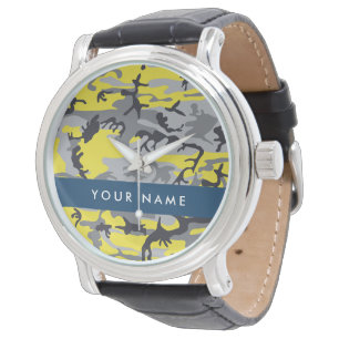 Yellow and Grey Camouflage Your name Personalise Watch