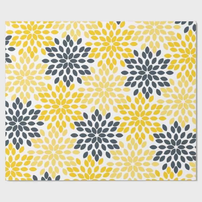 Yellow and Grey Charcoal Modern Floral Wrapping Paper (Flat)