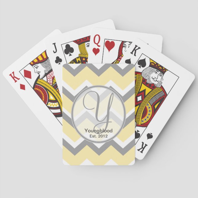 Yellow and Grey Chevron Monogram Playing Cards (Back)