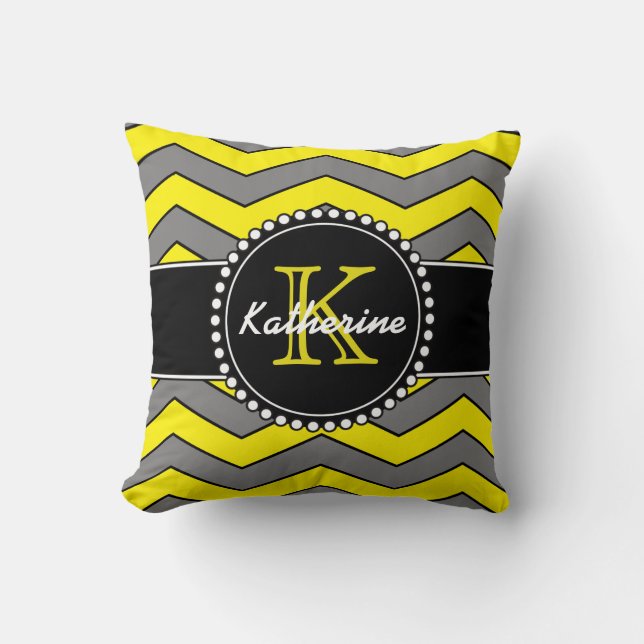 Yellow and Grey Chevron, Personalised, Monogrammed Cushion (Front)