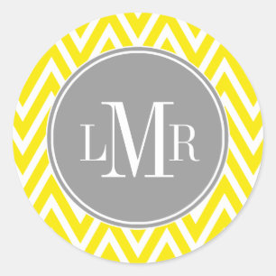 Yellow and Grey Chevrons Monogram Classic Round Sticker