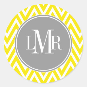 Yellow and Grey Chevrons Monogram Classic Round Sticker