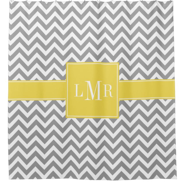 Yellow and Grey Chevrons Monogram Shower Curtain (Front)