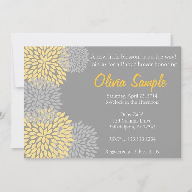 Yellow and Grey Dahlia Baby Shower Invitation (Front)