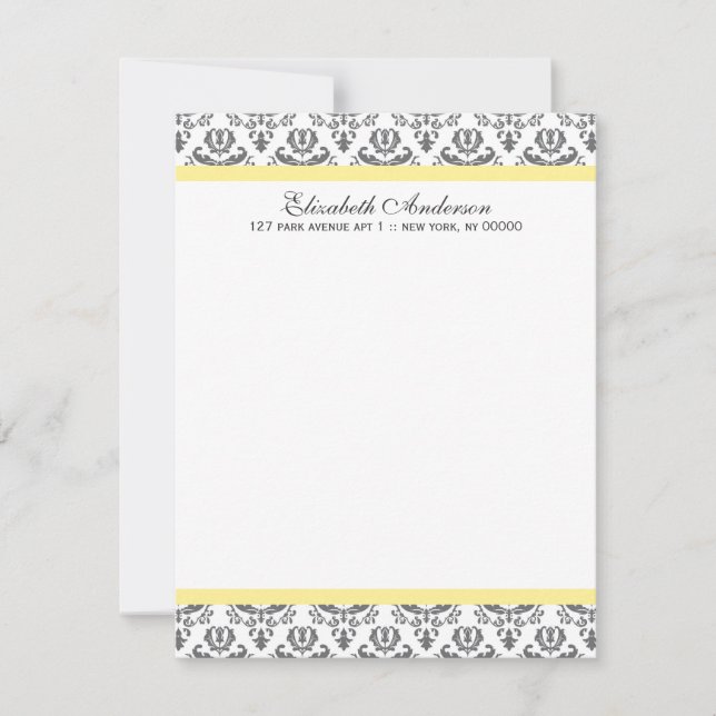 Yellow and Grey Damask Flat Thank You Notes Invitation (Front)
