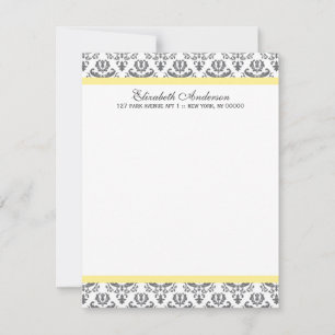 Yellow and Grey Damask Flat Thank You Notes Invitation
