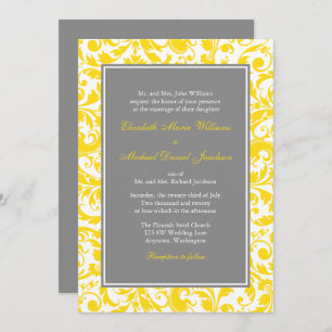 Yellow and Grey Damask Swirls Wedding Invitations